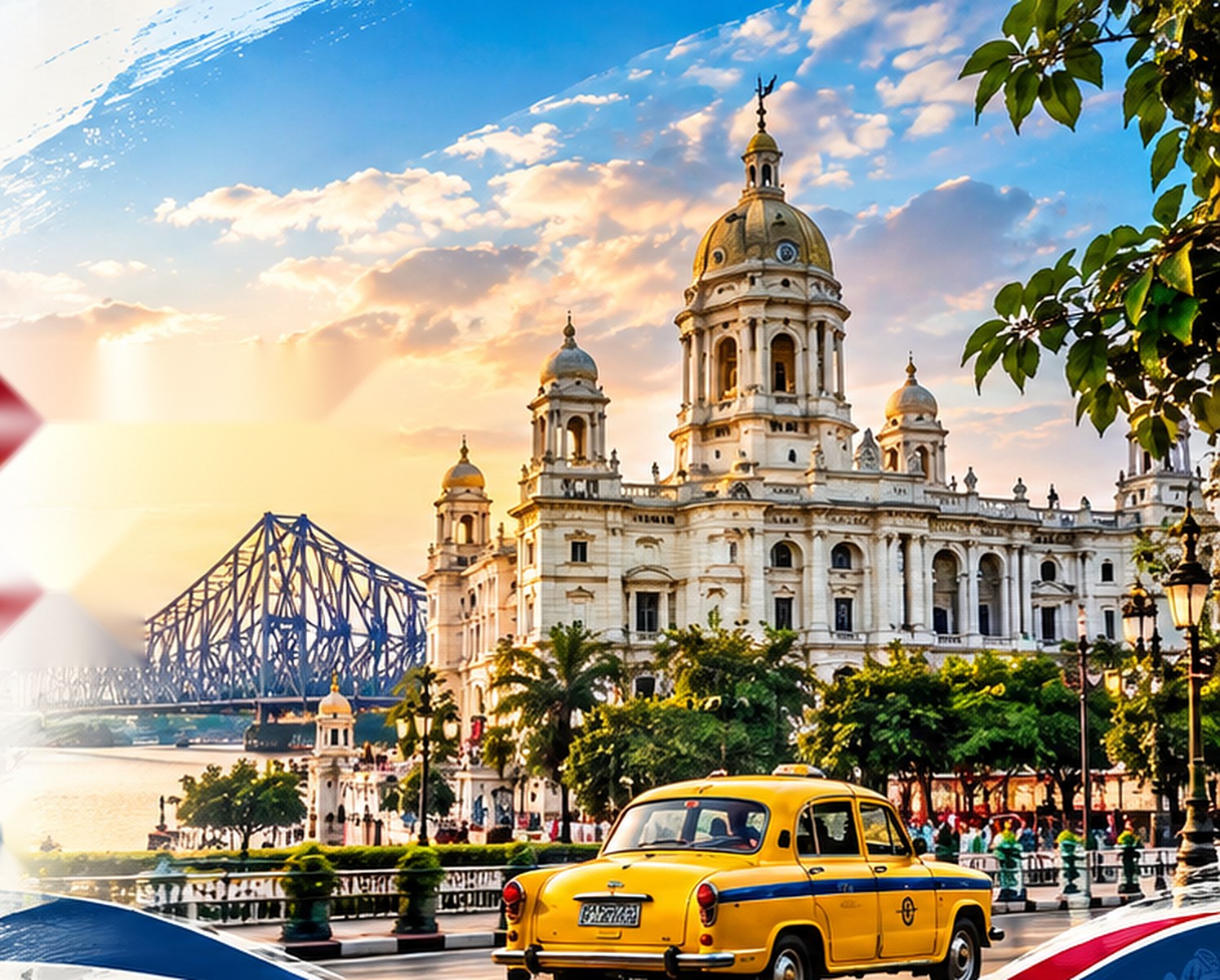 Victoria Memorial and a Kolkata yellow taxi at golden hour