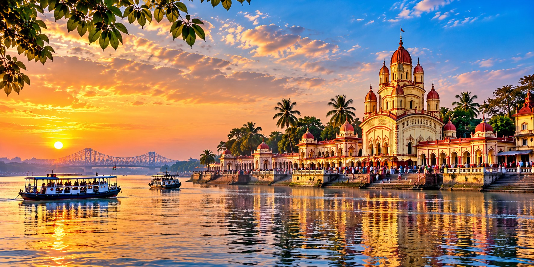Sunrise over the Hooghly river with Howrah Bridge and Dakshineswar temple